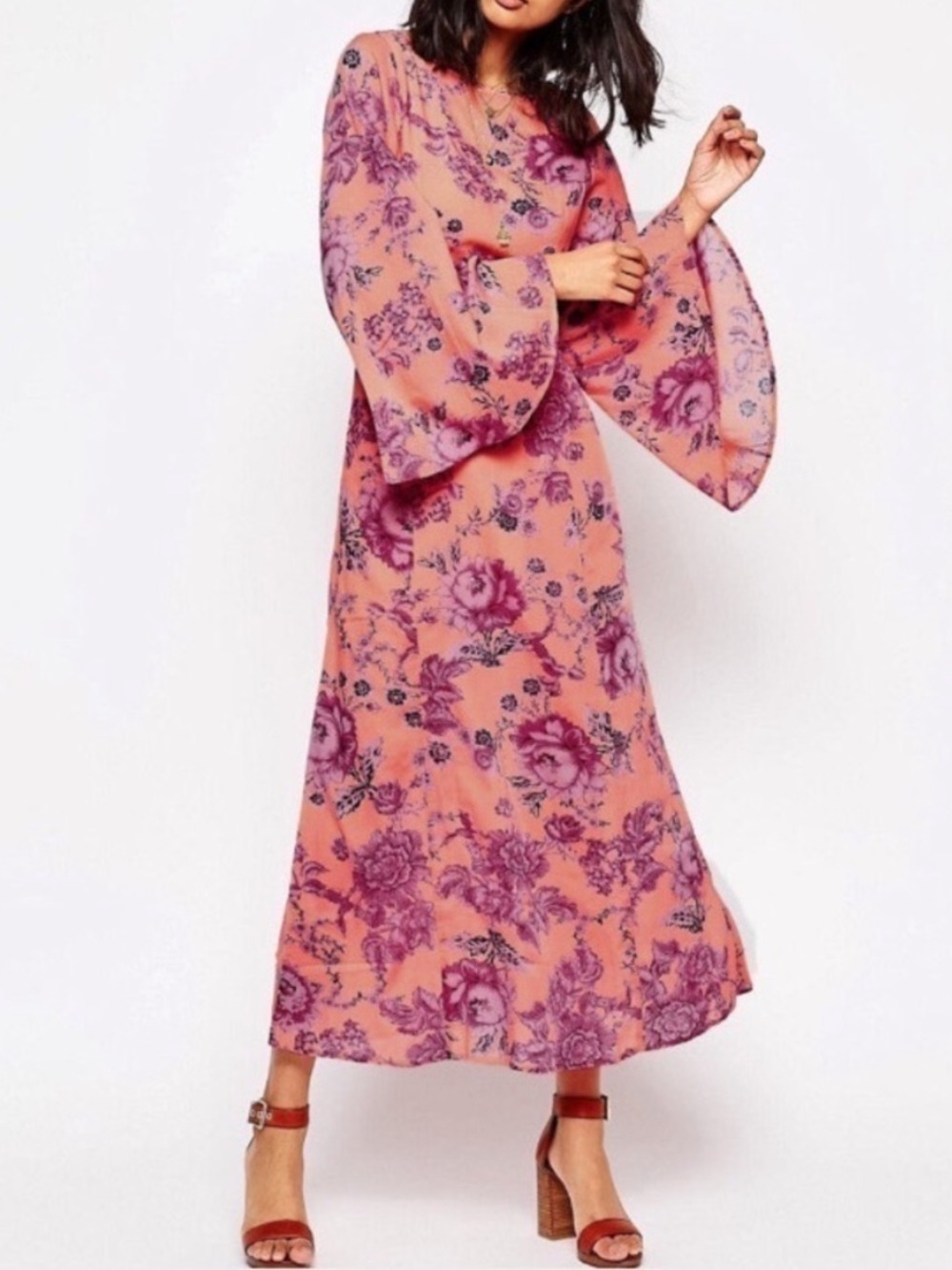 Free People Peach & Pink Floral Long Sleeve Maxi Dress NEW